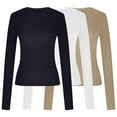 thumbnail image 4 of Meichang Womens 3 Pack Long Sleeve Shirts Basic Crop Tops Casual Boat Neck Slim Fit Y2K Blouses Going Out Workout Tops Khaki M, 4 of 4