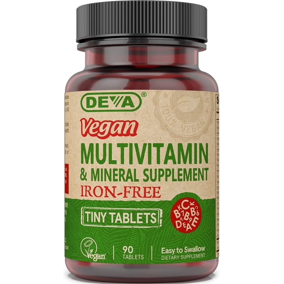 DEVA Vegan Iron-Free Multivitamin & Mineral Supplement, Vitamin C, D2, E & B-Complex, Biotin, 90 Tiny Tablets