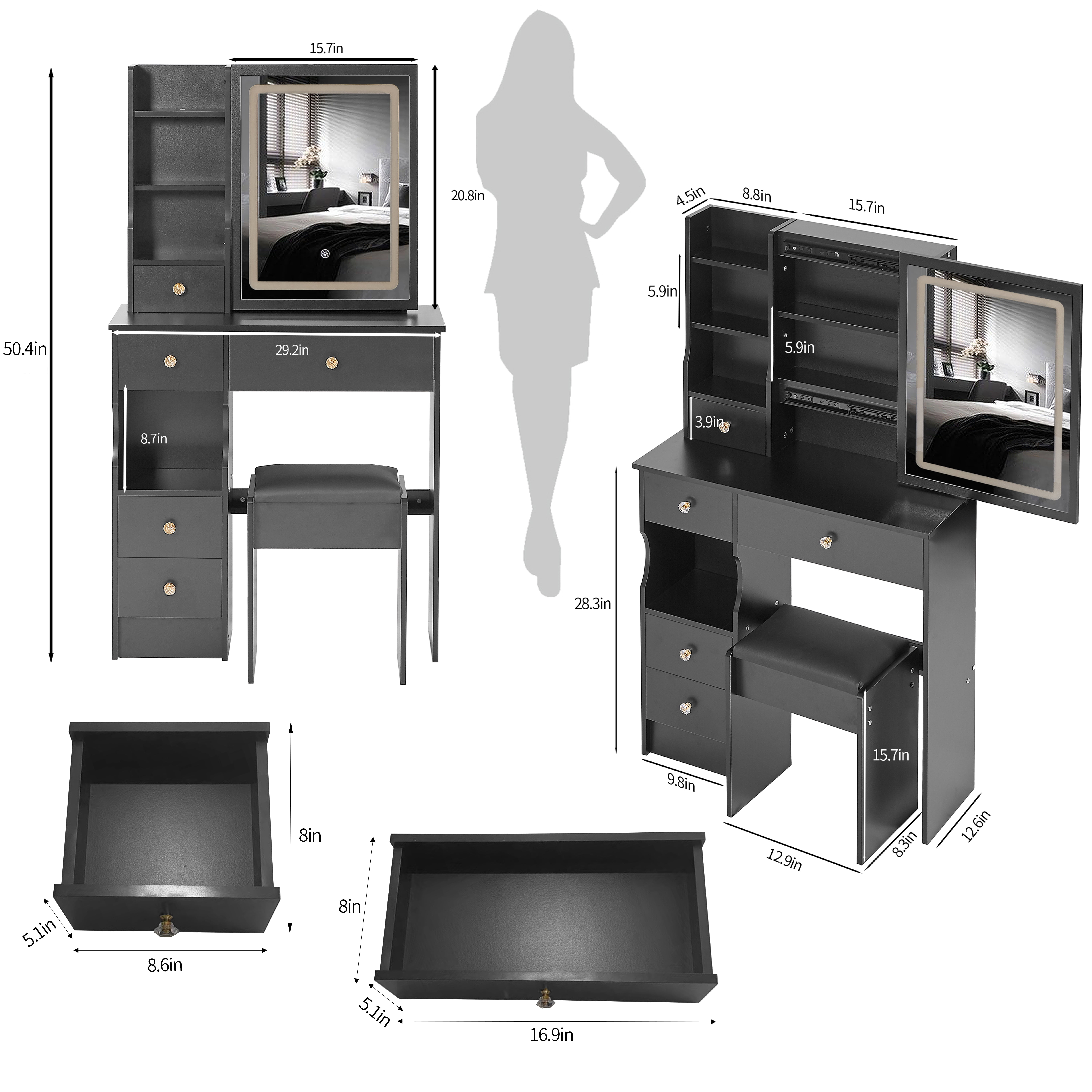 29.2" Small Size Left Drawer Desktop Vanity Table + Cushioned Stool, Large Sliding, Touch Control, Tri-color Switching, Brightness Adjust LED Mirror, High Capacity Storage, Suitable for Small Space