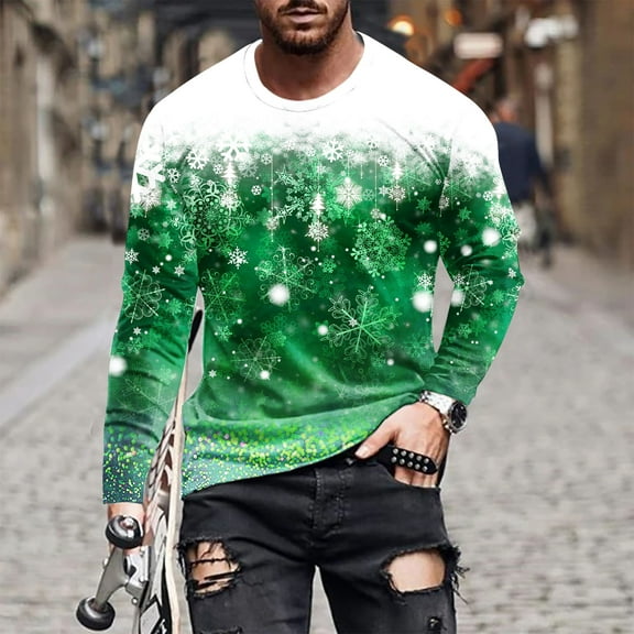 Fnnxeal Mens T-Shirts, Christmas Long Sleeve Fall Winter Print Shirt for Men Green