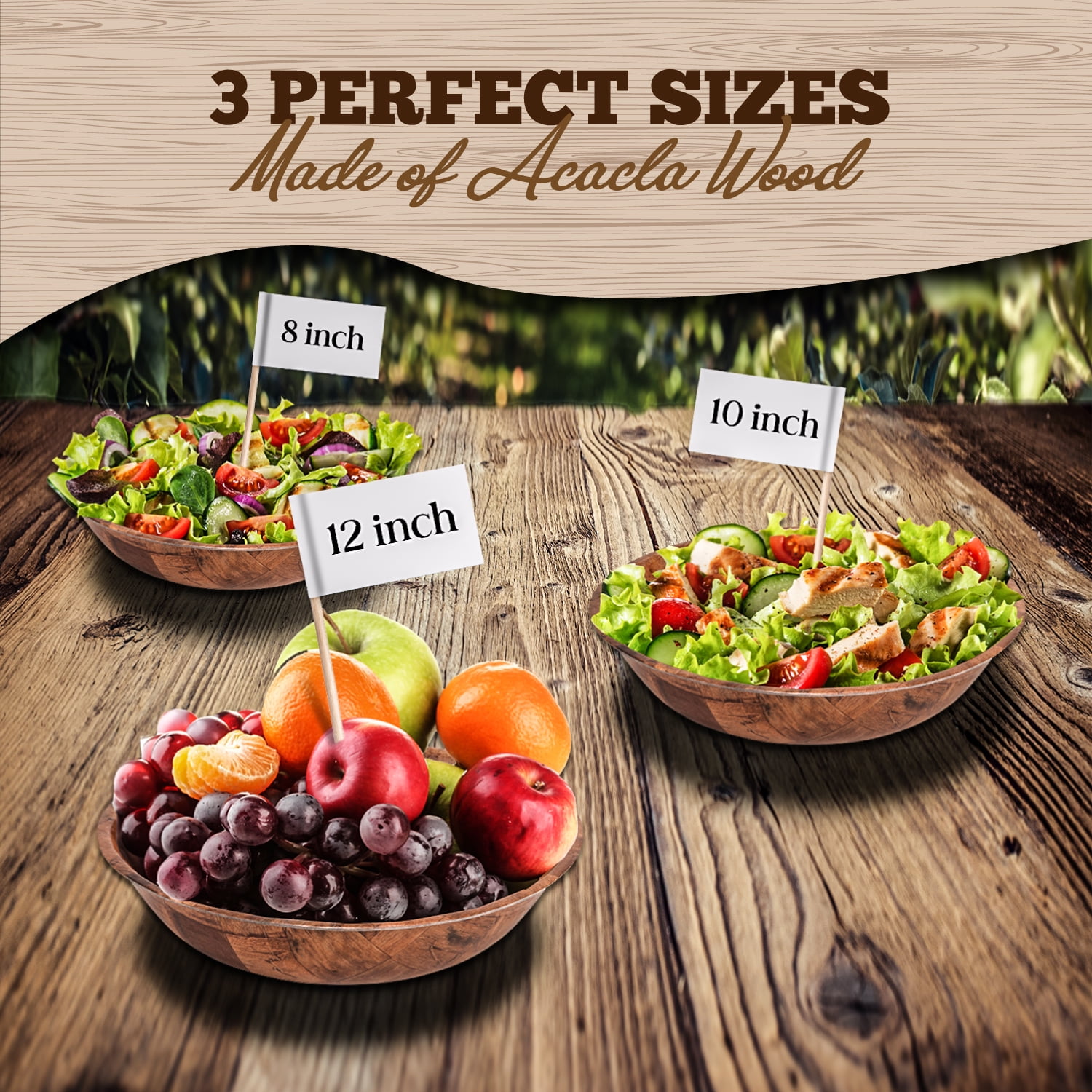 HeroFiber Salad Bowls Set of 6 Pieces: 8, 10 & 12 Inch Bamboo Wooden Bowl,  2 of Each Size, Small & Large Also Good for Fruit, Kitchen Counter, Candy