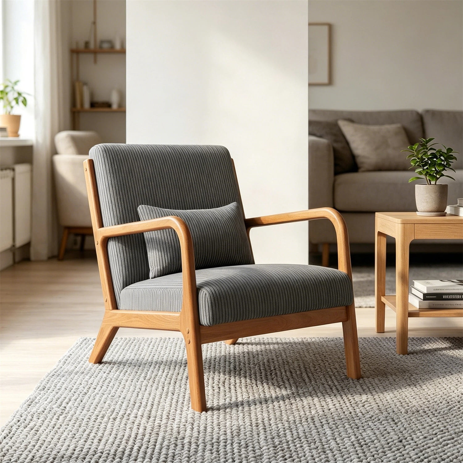 Hommoo Modern Accent Chair, Striped Corduroy Fabric Arm Chair with Solid Wood Frame, Upholstered Comfy Reading Chair for Home, Gray