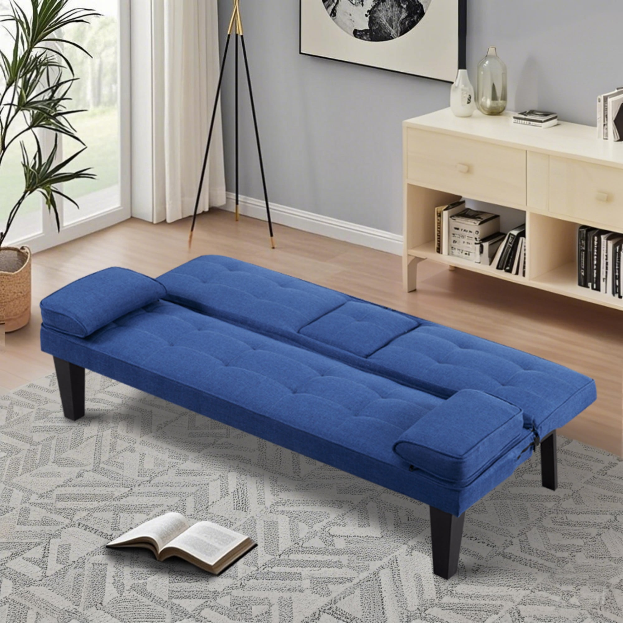 Gewnee 65" 3‑in‑1 Convertible Futon Sleeper Sofa,Polyester Foldable Sleeper Couch with Adjustable Backrest,Sofa Bed with Cup Holders for Small Apartments & Office，Navy Blue