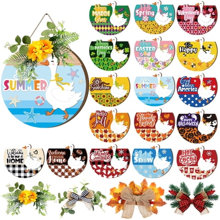 22 Interchangeable Welcome Sign For Front Door With 17 Magnetic Icon Wooden Seasonal Porch Decor 4 Wreath Holiday Christmas Gift(light Brown Goose)