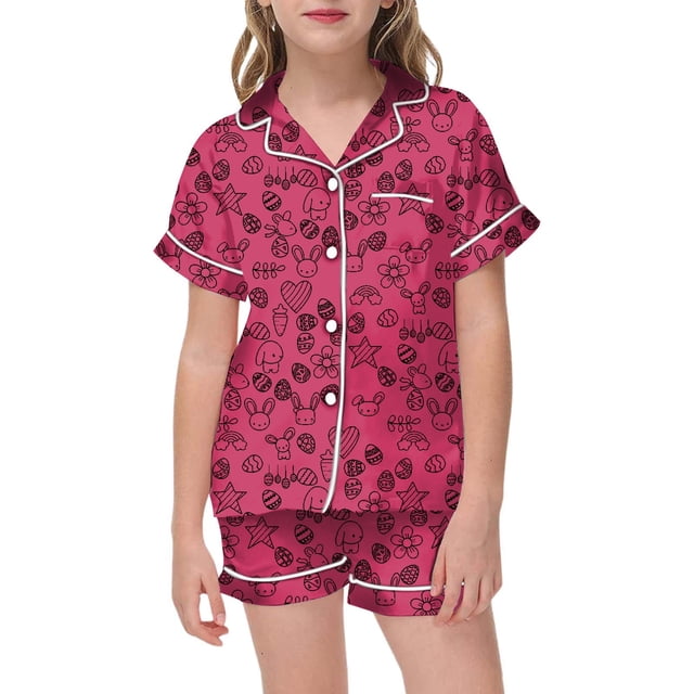PMVFHDE Langes pour Bébés Filles Ensemble de Pâques pour Enfants Bricolage Peint à la Main Tenue de Maison avec Pyjamas Colorés les Filles Peuvent Jouer et le Porter au Quotidien Ensembles 2 Pcs pour Filles Rose Vif, 3-4 Ans
