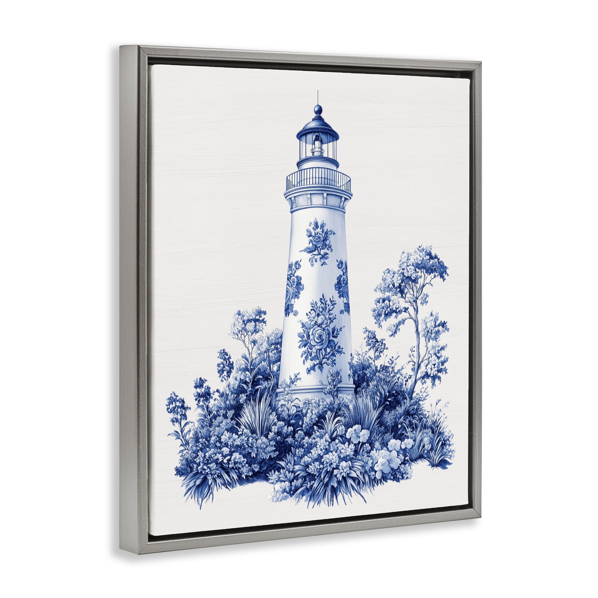 Toile Patterned Lighthouse Gray Framed Floater Canvas Wall Art, design by Lettered and Lined