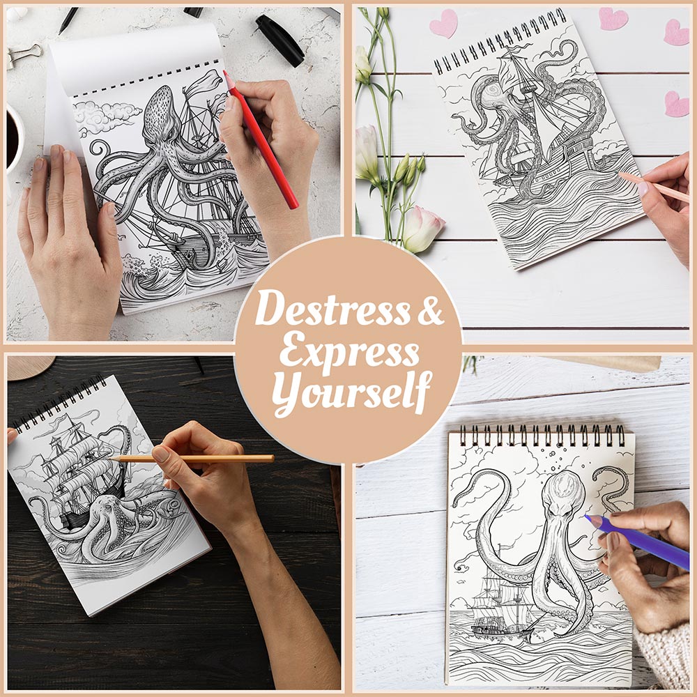 Netecom Kraken Coloring Book for All Ages, A5 Wooden Cover, 30 Awesome Coloring Pages of Mythical Sea Monsters for Stress Relief and Relaxation, Spiral Bound Edition