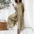 thumbnail image 2 of Women Linen Button Down Long Sleeve Wide Leg Jumpsuit Beach Palazzo Fashion Pants, 2 of 5