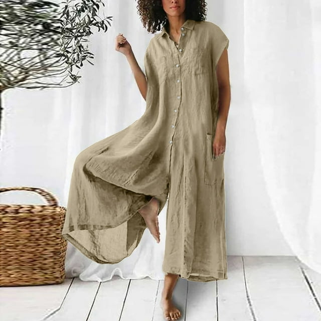 LOVZFMLL Combinaison pour Femmes Couleur Unie Décontractée Manches Courtes Longueur Moyenne Coton Lin Chemise Combinaison
