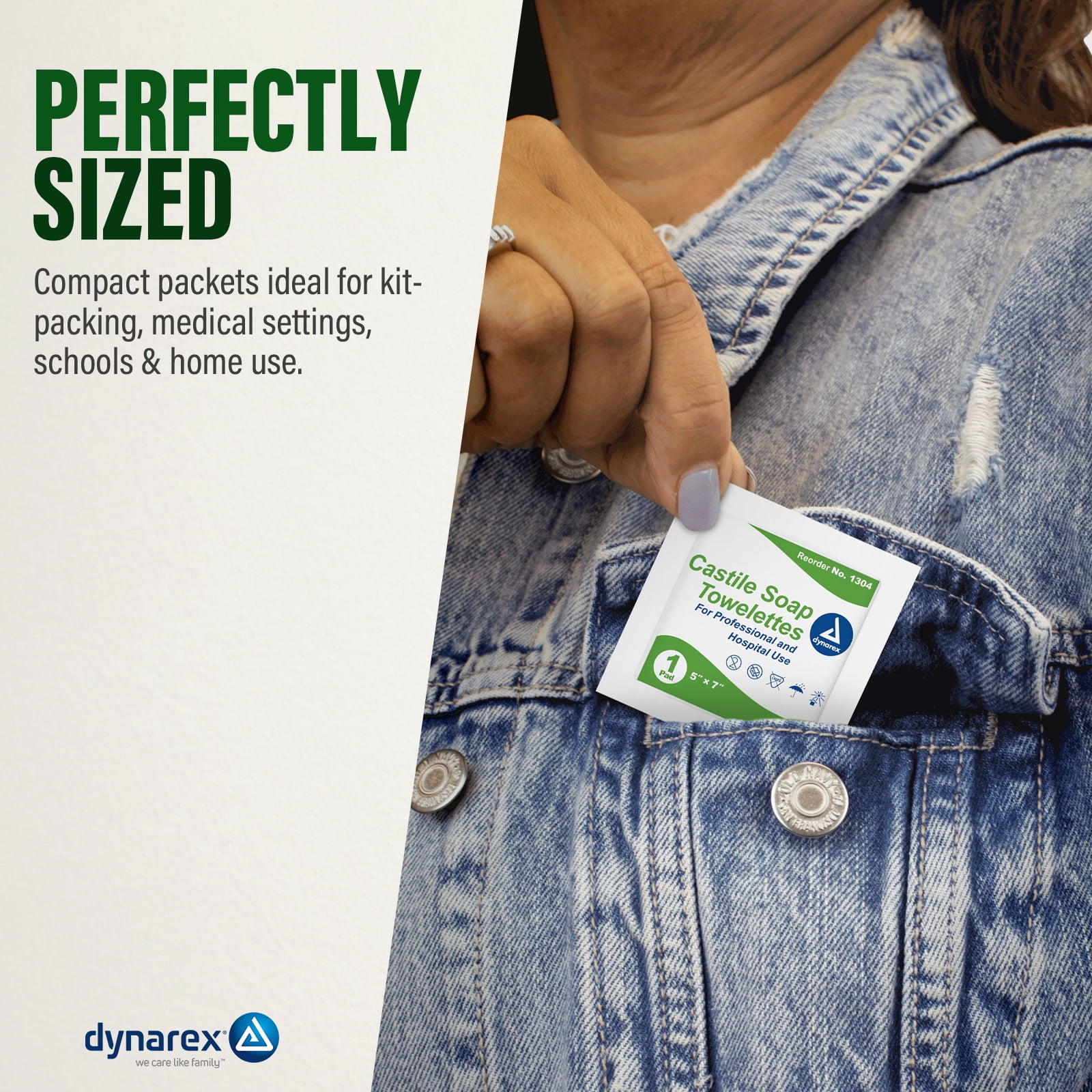 Dynarex Castile Soap Towelettes - Professional-Grade Wet Wipes Individually Wrapped for Hospital, School, Home - No Alcohol Gentle Formula with Coconut Oil-Based Soap, Size 5" x 7", 1000 Wipes Total
