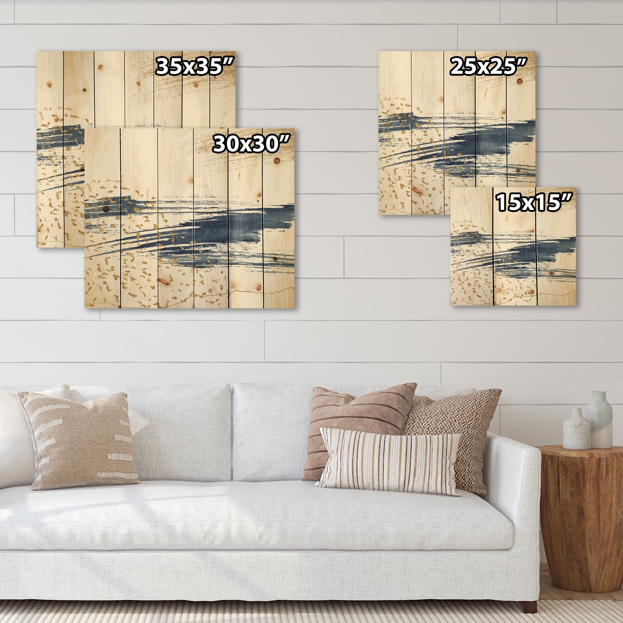 Designart 'Gold and Dark Blue and Abstract I' Modern Print on Natural Pine Wood