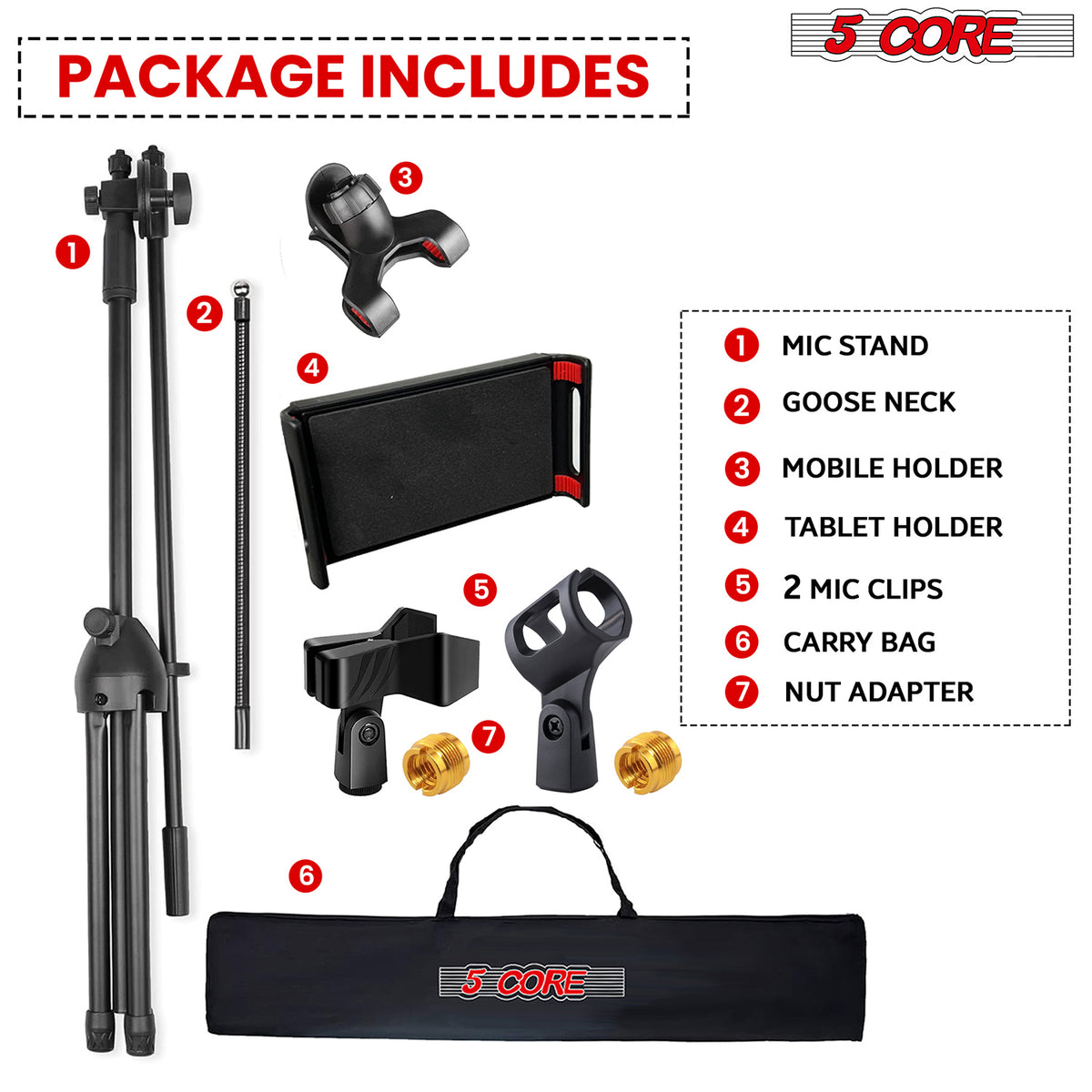 5 Core Mic Stand Pair with Tablet and Phone Holder, Adjustable Gooseneck Microphone Stand, Collapsible Tripod Boom Mic Stand With Mic Clip Holder & Phone Clamp for Singing, Karaoke, Studio MS MOB 2PCS