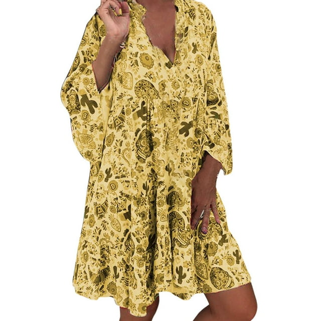 Youmylove Robes d'Été Décontractées pour Femmes Grande Taille Robe Mini à Manches Longues Col en V Imprimé Ample Robe Florale Robe de Plage Robe de Cocktail