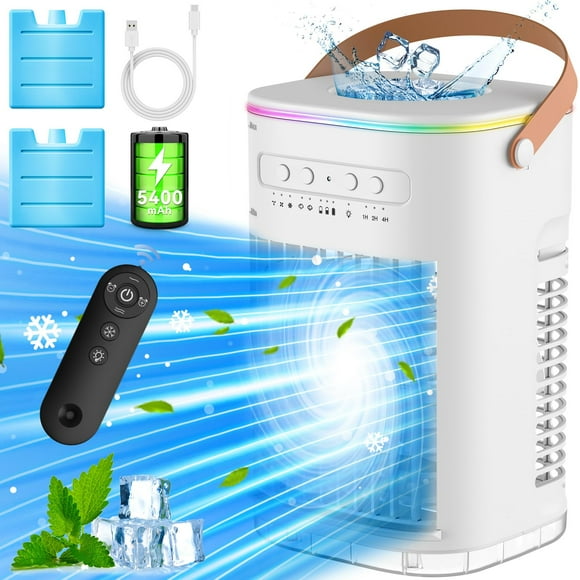 BALKO Aire acondicionado pequeño, enfriador de aire evaporativo con batería incorporada de 5400 mAh, 2 bolsas de hielo, temporizador de 7 horas, apagado automático inteligente y control remoto, 7 luce