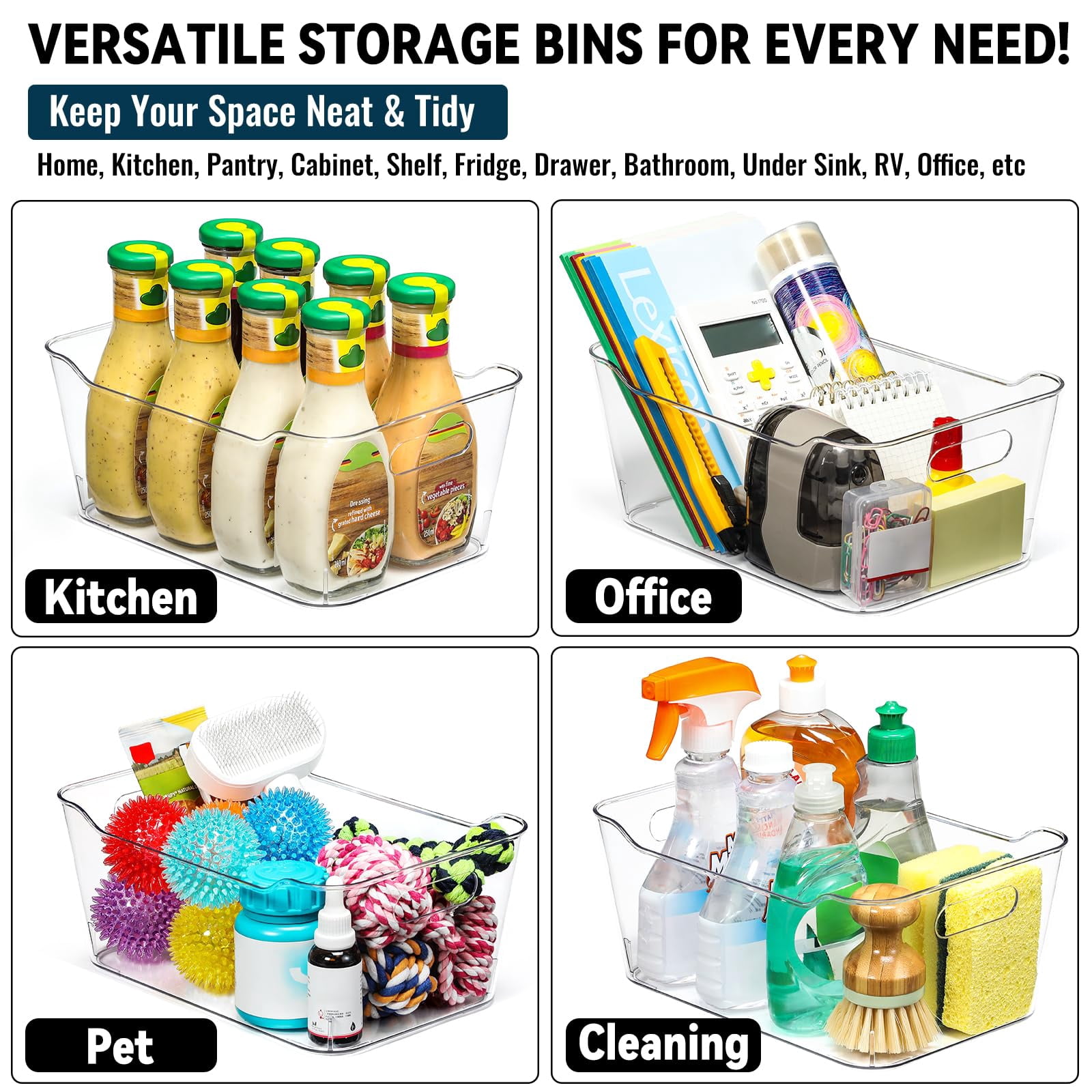 12 PACK Multiuse Clear Plastic Organizer Bins with Labels for Home Kitchen Bathroom Office Pantry Cabinet Shelf RV Fridge Storage