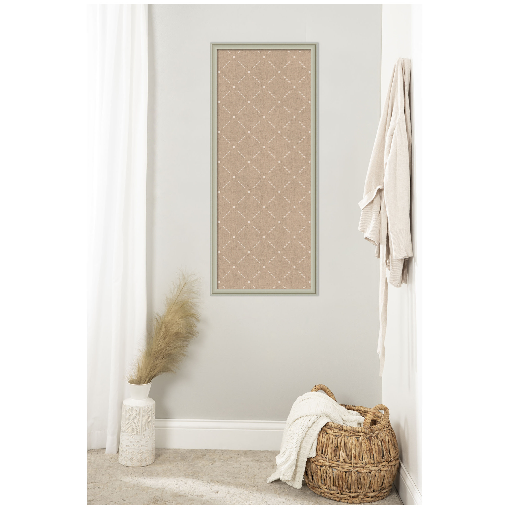 Kate and Laurel Framed Fabric Pinboard 18 x 42, Beige Lattice Pattern Printed Linen Classic Bulletin Board for Use as a Vision Board or Wall Organization, Florence Silver Frame