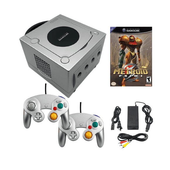Nintendo GameCube Game Console Refurbished Bundle with 2 Retrofam Controllers (Silver) & Metroid Prime Game