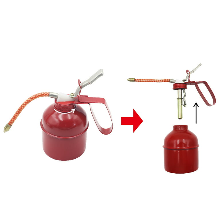 QWORK Oil Can, 12 OZ (400ML) Capacity Manual Pump Oil Can, Steel Pistol  Type Oiler Can, Red, Flexible Tube