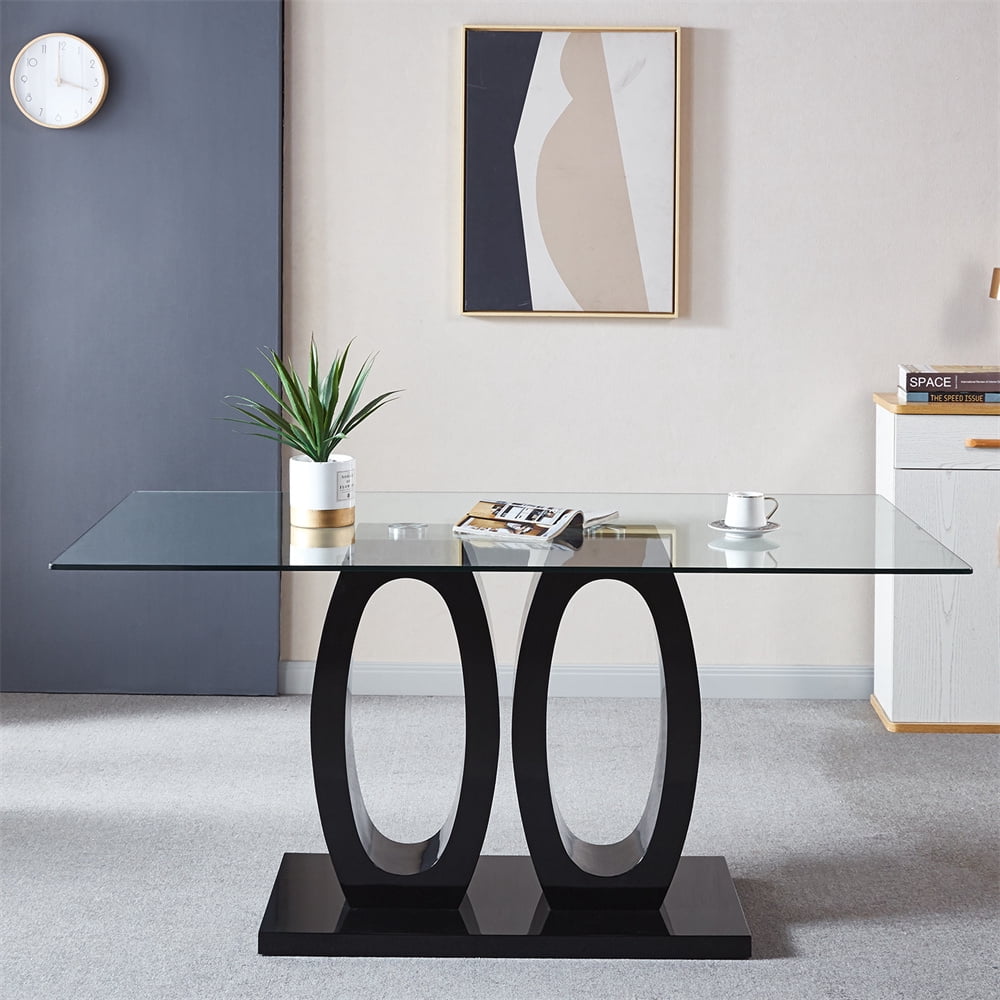Cfowner Contemporary Rectangular Tempered Glass Dining Table with Double Pedestal, Kitchen ...