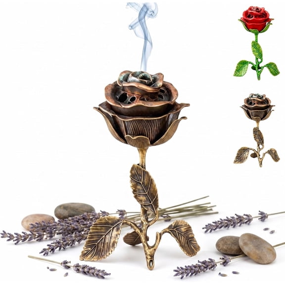 Vintage Rose Incense Burner Rose Shaped Incense Holder Metal Flower Incense Holder Painted Petals Leaves Aromatherapy Tray (Bronze color)