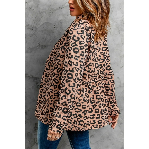 ABPHQTO Abrigo de leopardo con cordón y cremallera con cuello de solapa marrón para mujer