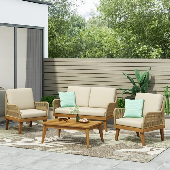 Inkwood Acacia Wood Outdoor Chat Set with Cushion, Teak, Light Brown, and Beige