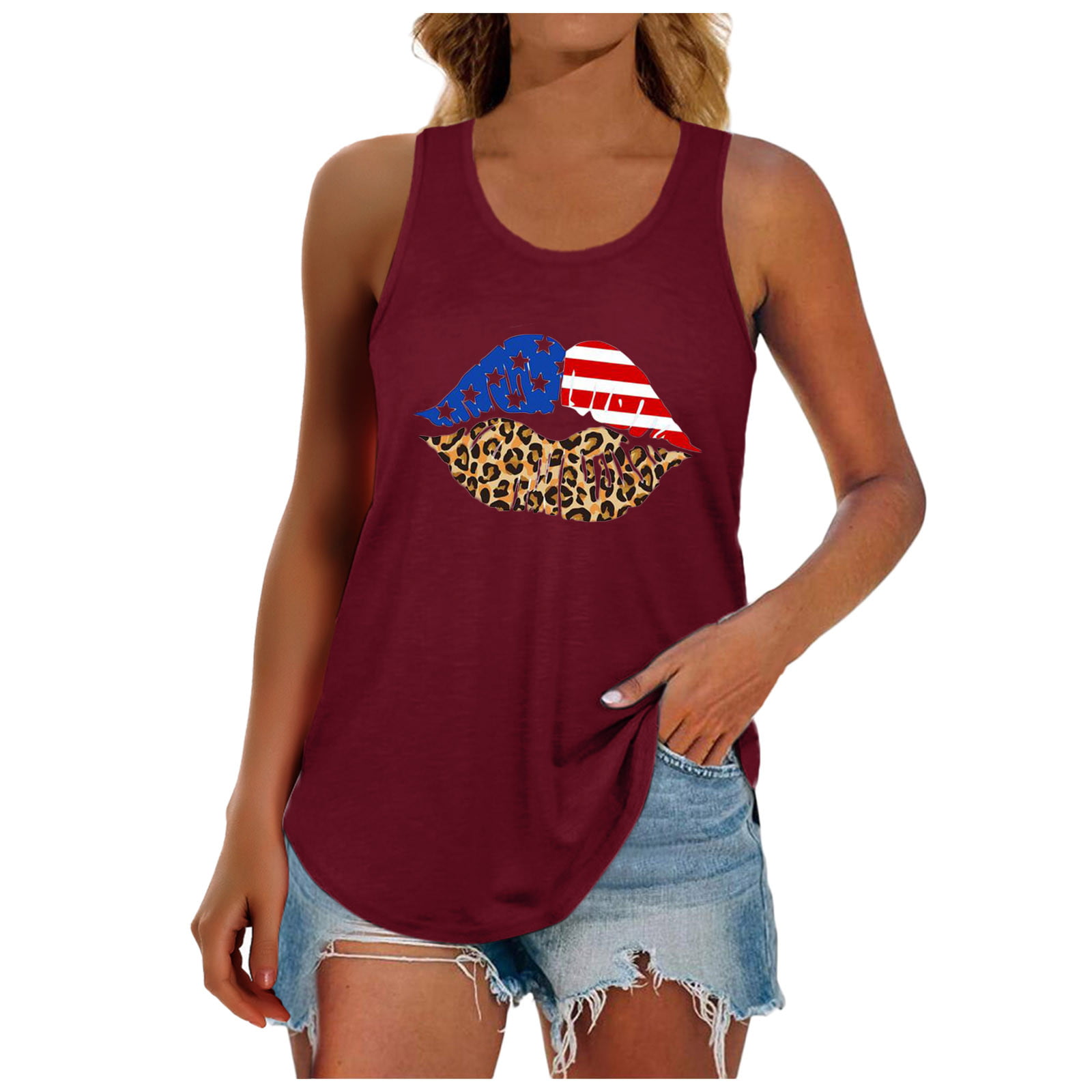 Womens High Neck Tank Top Pocket American Flag Print Sleeveless Blouse 4th July Patriotic Vest Tops