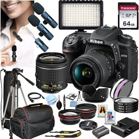 Nikon D7500 DSLR Camera with 18-55mm Lens   64GB Memory,Wireless Lavalier Microphones, 126 LED Light, Filters,Case, Tripod, and More (34pc Bundle)
