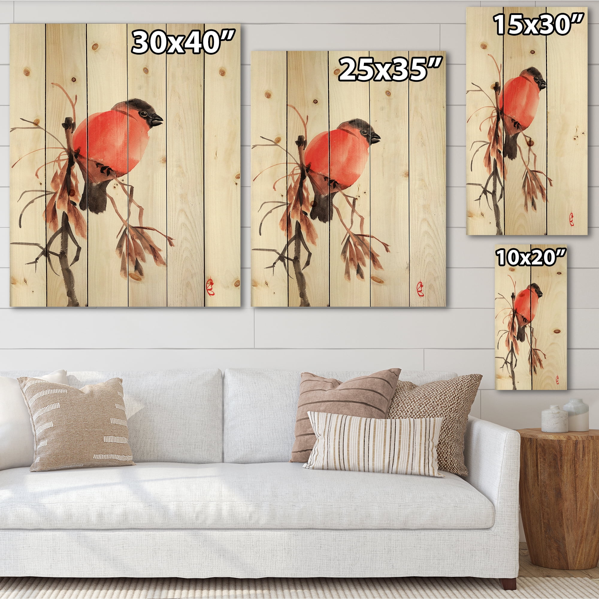 Designart 'Red Bullfinch Bird Sitting On A Branch' Traditional Print on Natural Pine Wood