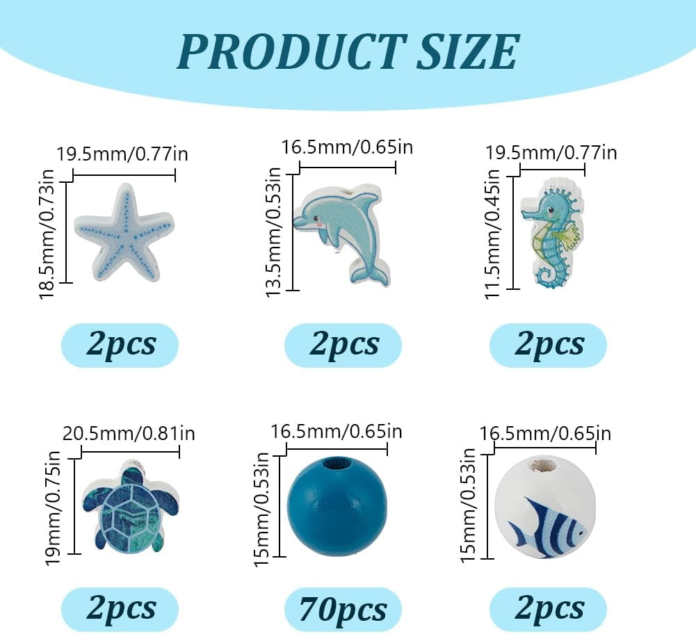 320 Pcs Ocean Wooden Beads 14 Styles Blue Wood Beads Turtle Sea Horse Dolphin Starfish Round Wood Bead Summer Nautical European Bead