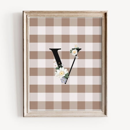 V Initial Print, Rustic Monogram With Daisies, Vintage Floral Art, Farmhouse Decor, Home Decor #1726, Unframed Poster Size 8x12