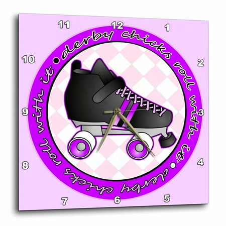 3dRose Derby Chicks Roll With It Purple with Black Roller Skate, Wall Clock, 13 by 13-inch