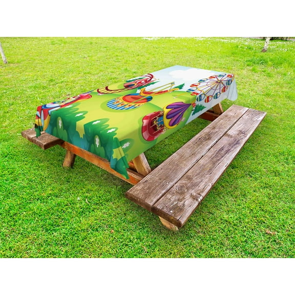 Circus Outdoor Tablecloth, Circus and Theme Park Design Carousel Amusement and Excitement Theme Trees Forest, Decorative Washable Fabric Picnic Tablecloth, 58 X 104 Inches, Multicolor, by Ambesonne