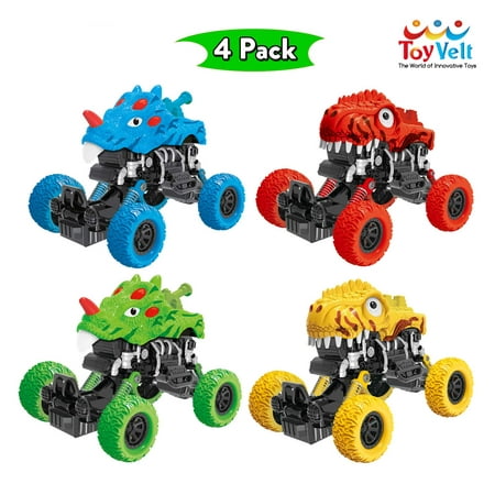 Dinosaur Pull Back Cars Toys - 4-Pack Colorful Dinosaur Car Toy Mini Pullback Vehicles with Big Tires - Great Present for Kids Toddlers Boys and Girls Ages 2, 3, 4 -12 Year