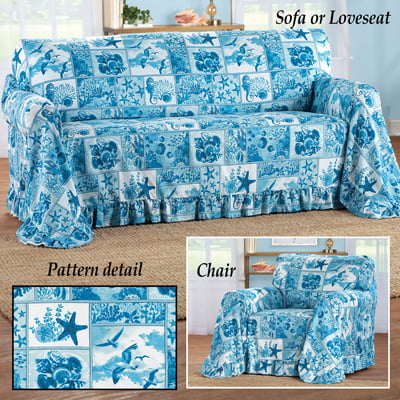 Blue Ruffled Furniture Throw Cover, Furniture Throw Covers For Chairs