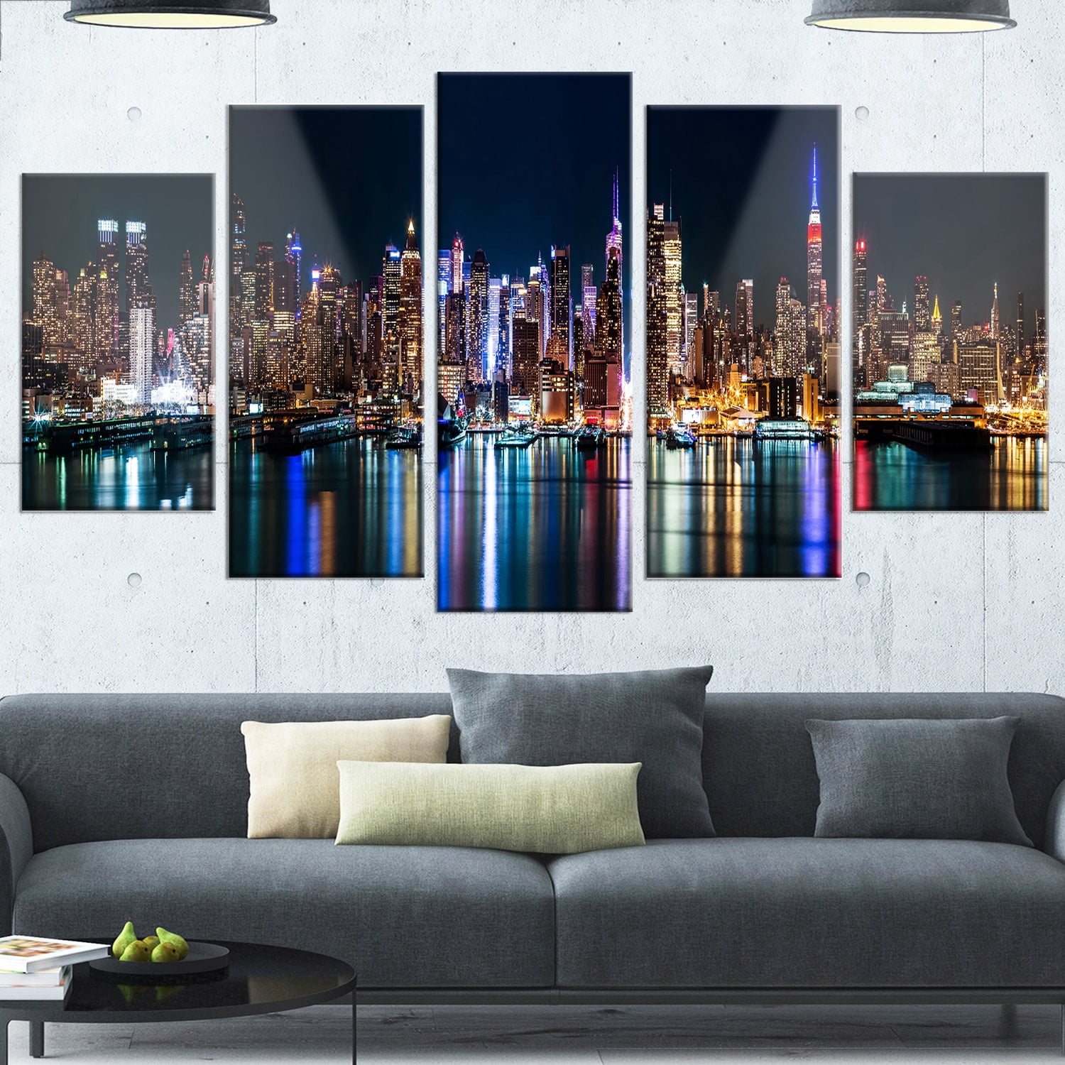 Designart 'New York Midtown Night Panorama ' Multipanel Extra Large Metal Wall Art