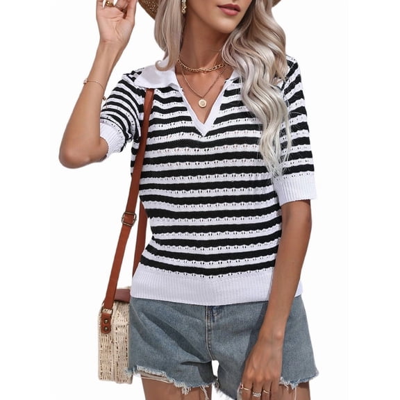 Womens Cropped Striped Sweater Top Summer Short Sleeve V Neck Collared Going Out Trendy Loose Shirt Black S