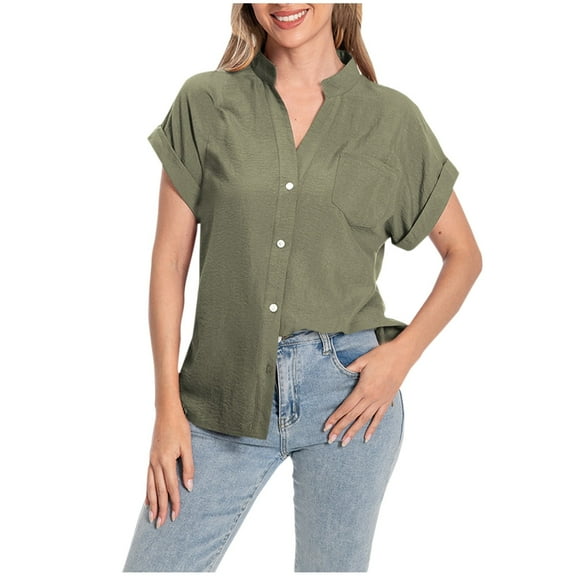 WREESH Women's Button Down Shirt Casual Solid V-Neck Short Sleeve Top Casual Blouse with Pocket Olive Green