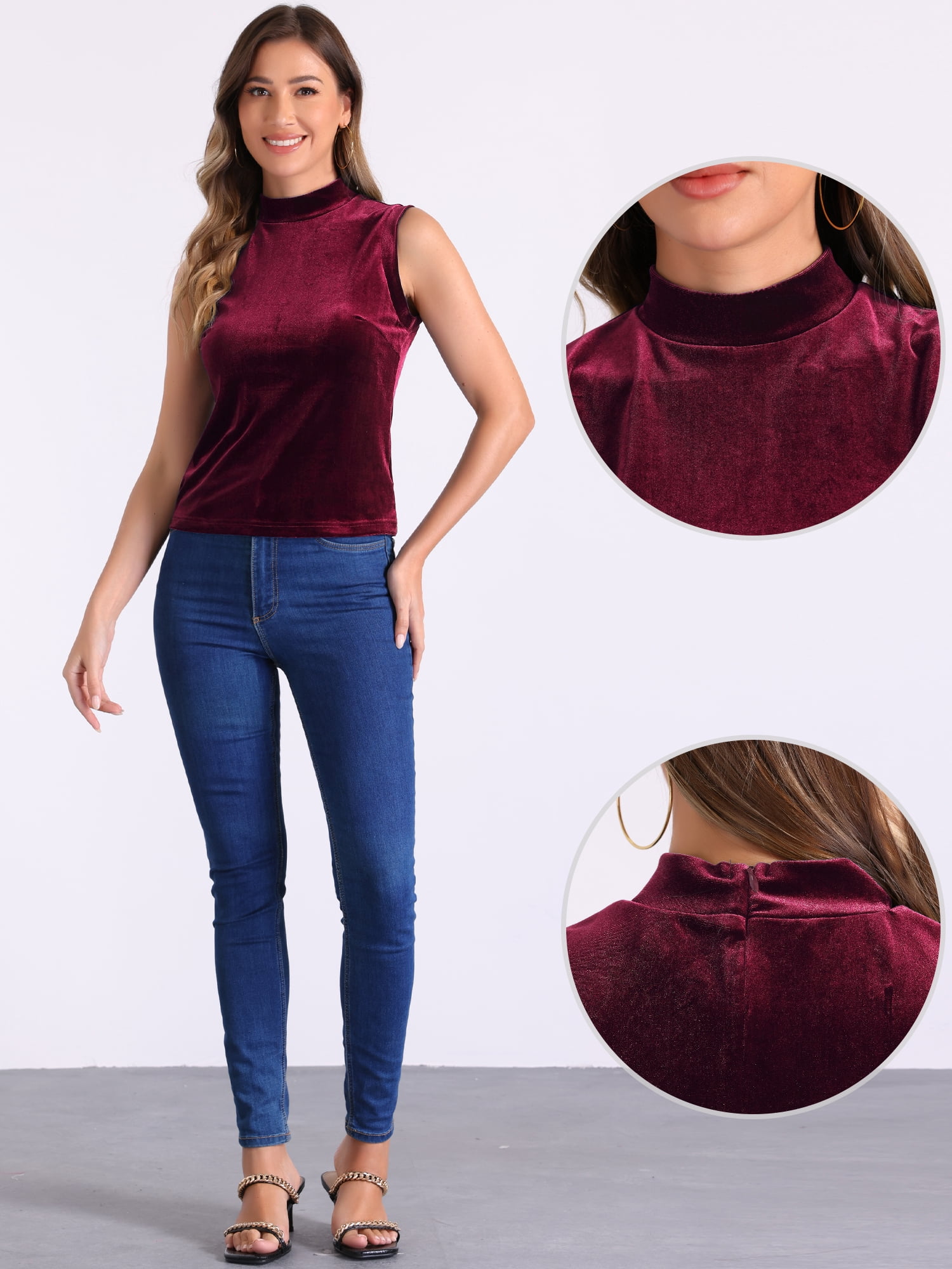DARING DIVA Women Velvet Sleeveless Mock Neck Tank Tops Shirts M Wine Red