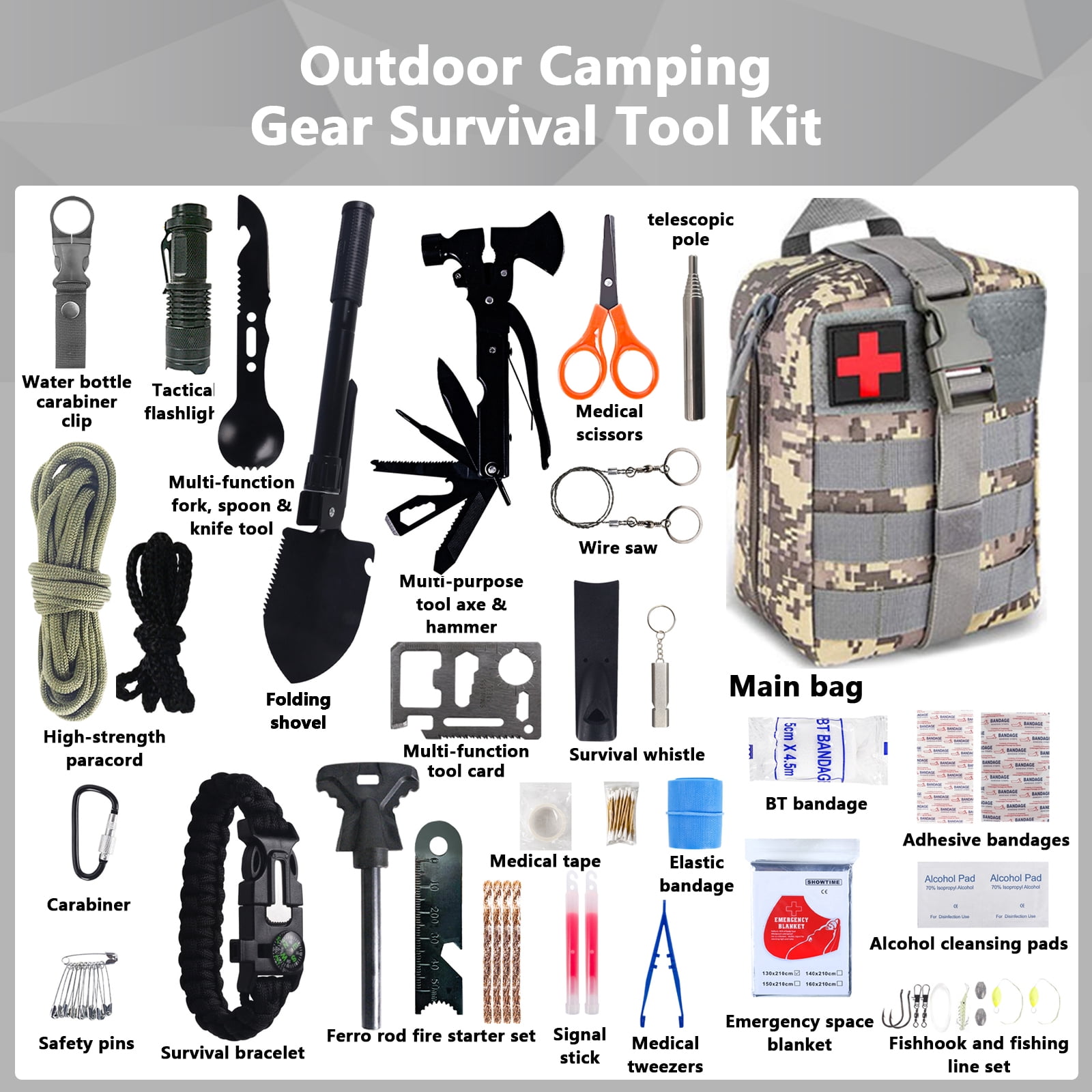 Emergency Survival Kit and First Aid Kit,Professional Survival Gear and Supplies Equipment with Molle Pouch, Gift for Christmas Men Dad Husband Camping Hiking Hunting Outdoor Adventure