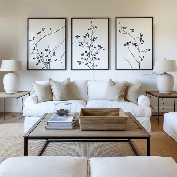Black Branch Minimalist Botanical Artwork Japandi Neutral Decor Set 3 Stretched Canvas 12x18