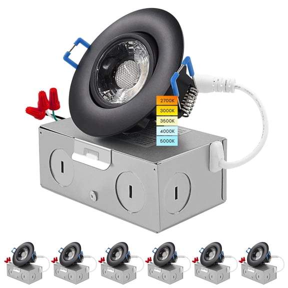 Luxrite 3 Inch Gimbal LED Recessed Light, 5CCT Options 2700K-5000K, Dimmable, 600 Lumens, 8W, Damp Rated, Black 6 Pack