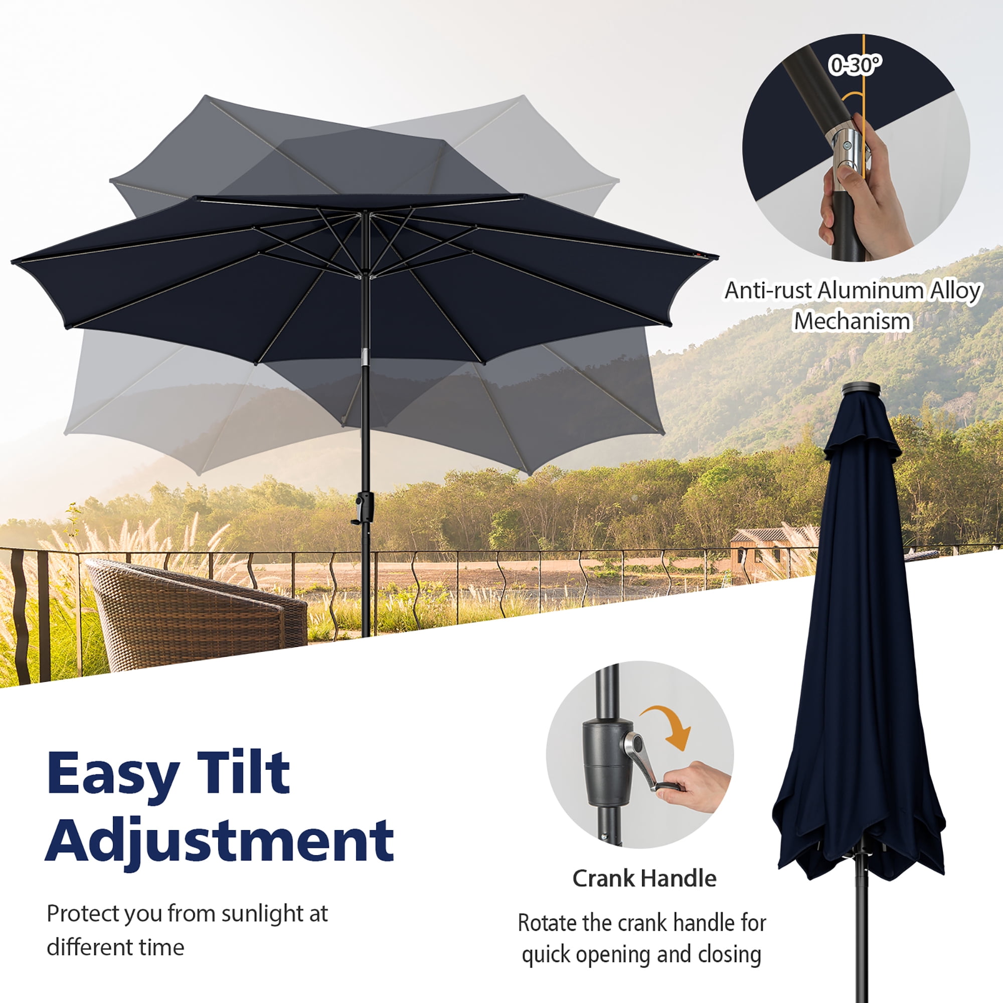 Gymax 10FT Solar Patio Umbrella 112 LED Lighted Umbrella Outdoor Table Market Umbrella Navy