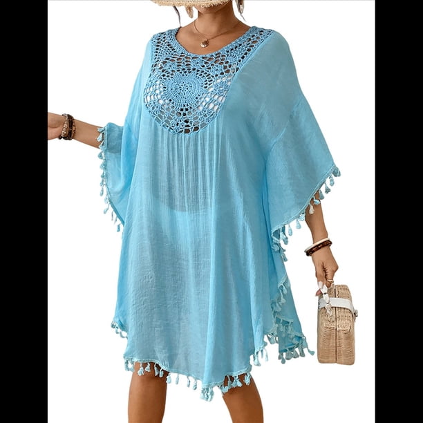 Vestido con Borlas para Mujer, Estilo Bohemio, con de Murciélago y Crochet Calado Azul Hielo un Tamaño