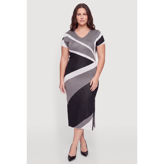 Women's Plus Size Color Blocked Side Slit Midi Sweater Dress