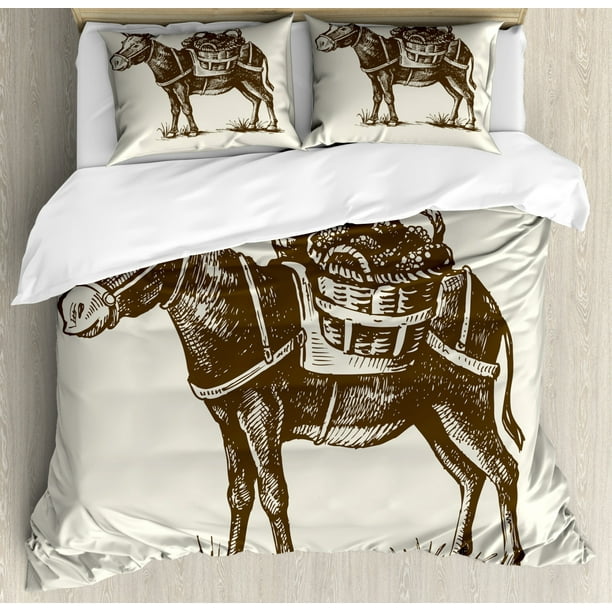 Donkey Duvet Cover Set Queen Size, Vintage Engraving Style Donkey
