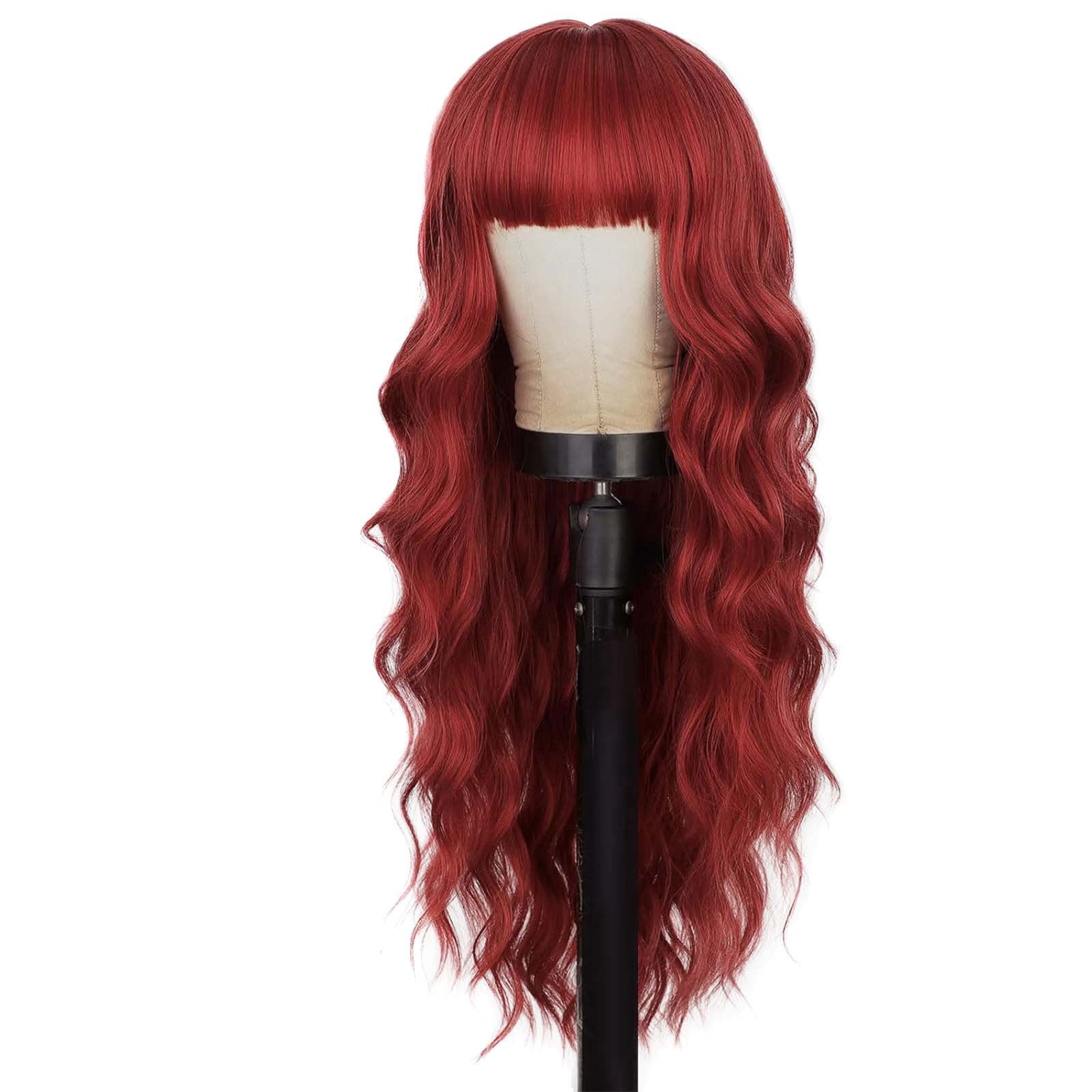 Long Wavy Wig with Bangs for Women, Brown Highlight Synthetic Wig with Dark Roots, Heat Resistant Wigs for Daily Party Use(Red,One Size)