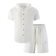 thumbnail image 5 of Men's 2 Pieces Cotton Linen Set Casual Short Sleeve Button up Shirts Hoodie Beach Yoga Cargo Shorts Summer Outfits Size 3XL White, 5 of 5
