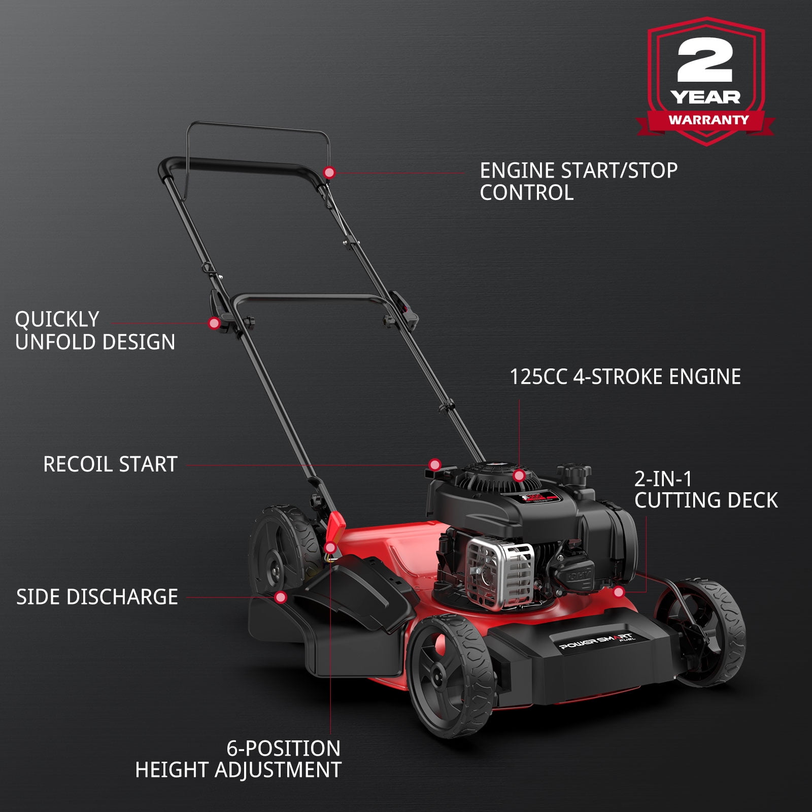 PowerSmart 21 in. 2-in-1 125cc Gas Push Mower, Briggs and Stratton Engine, Quick Start, 6-Position Height Adjustment