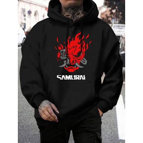 Samurai Warrior Black Red Flame Graphic Pullover Sweat Hoodie Shirt for Men & Women, up to Size 5XL